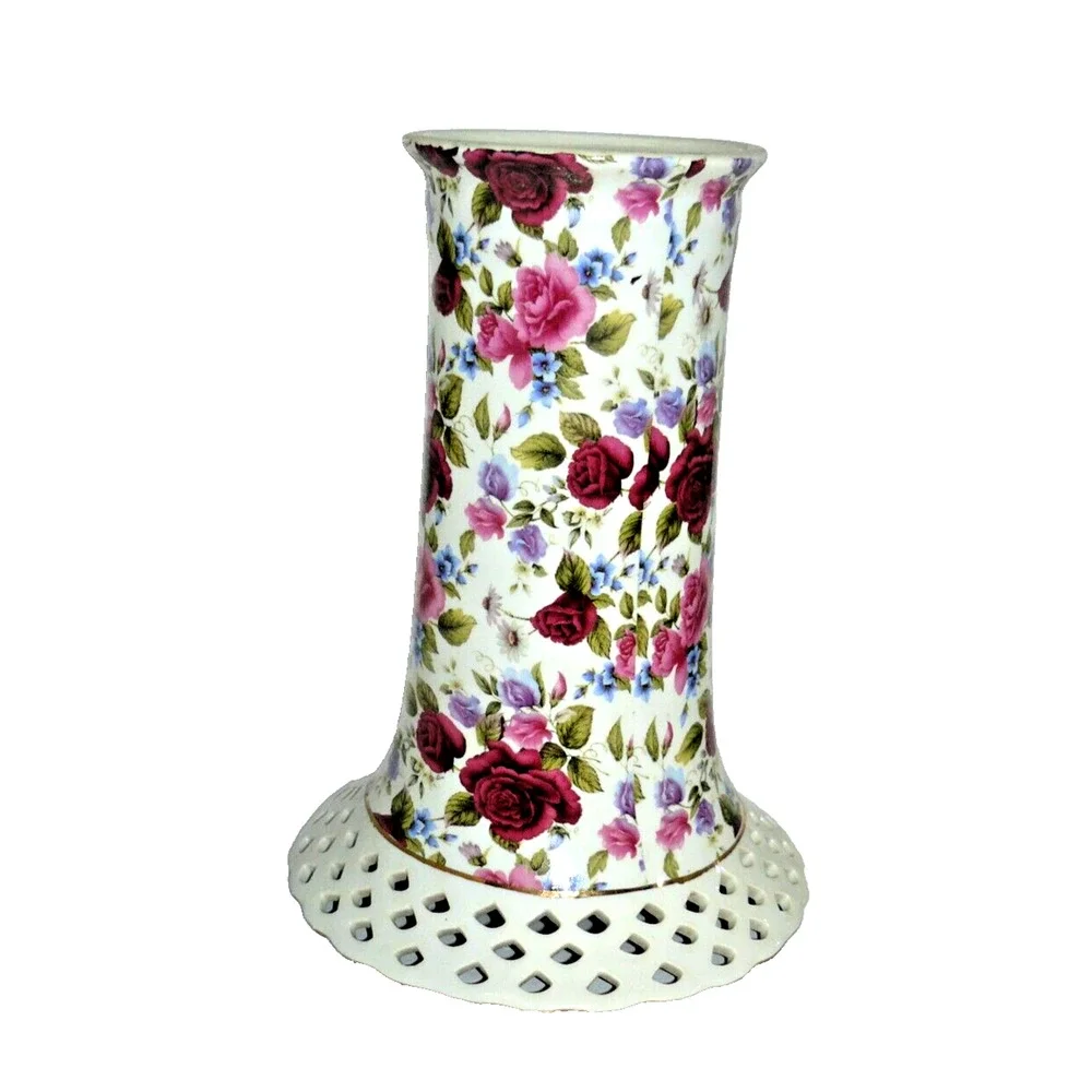 Floral Chintz Summer Rose Reticulated Vase Porcelain Vintage Baum Bros